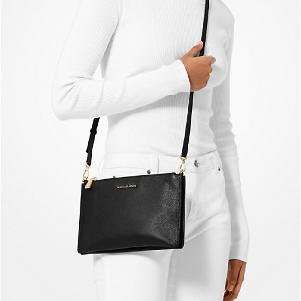 Michael Kors  Black Gold Large Pebbled Leather Double-Pouch Crossbody Purse